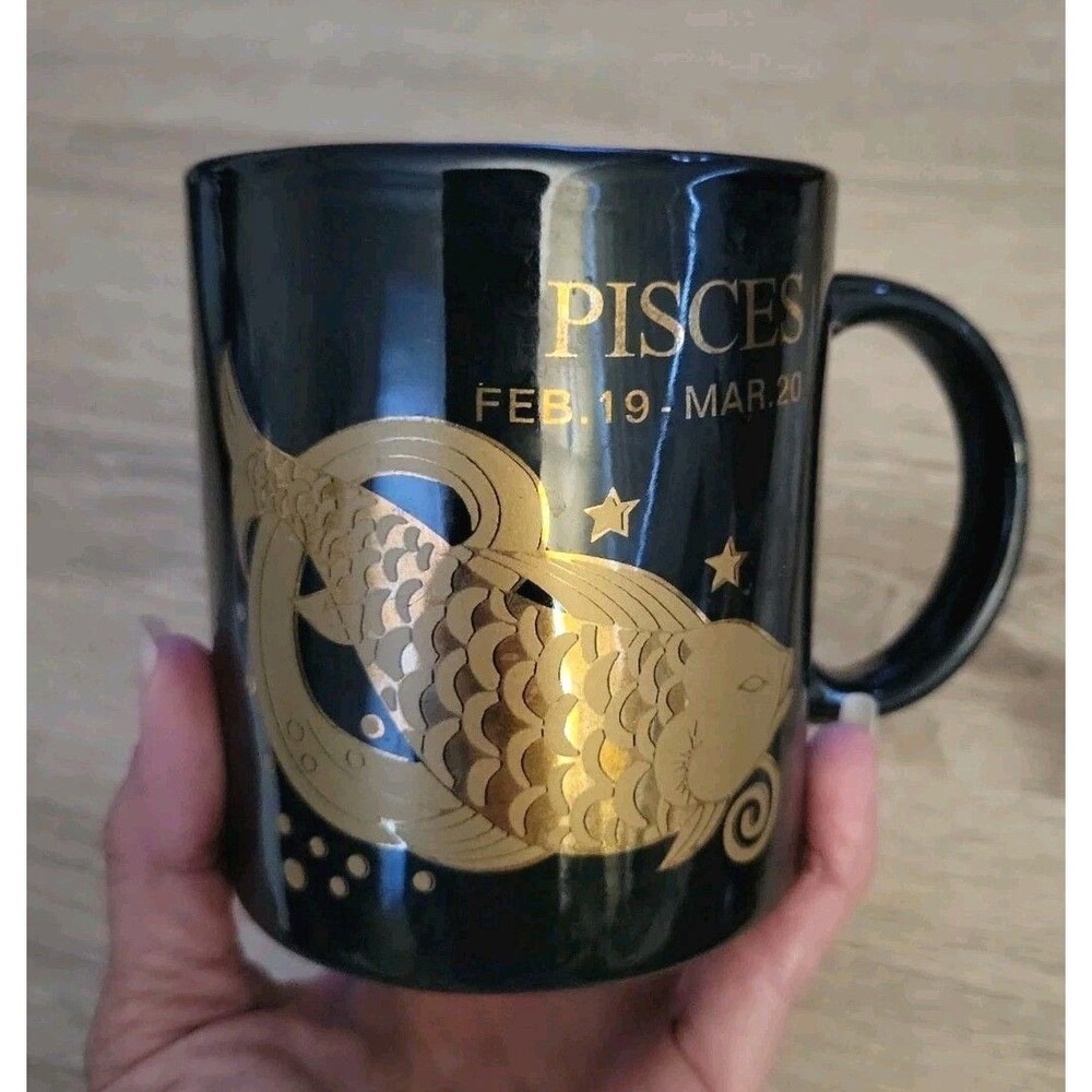 Vintage Pisces Zodiac Coffee Mug Black Gold Astrology Horoscope Cup